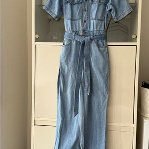 Denim Button-Up Jumpsuit with Belt